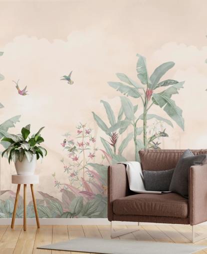 pastell anpassad vintage djungel väggmålning som heter Pastel Vintage Borneo Jungle av Bloomery Decor