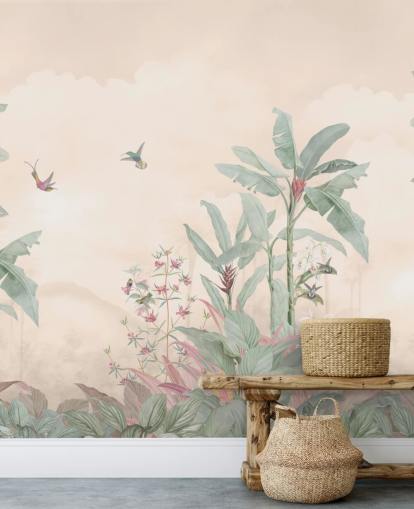 pastelkleurige vintage junglemuurschildering genaamd Pastel Vintage Borneo Jungle van Bloomery Decor pastelkleurige vintage junglemuurschildering genaamd Pastel Vintage Borneo Jungle van Bloomery Decor