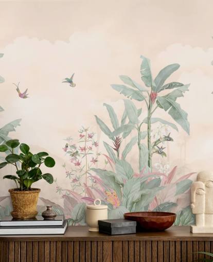 mural de selva vintage personalizado em tons pastel chamado Pastel Vintage Borneo Jungle da Bloomery Decor