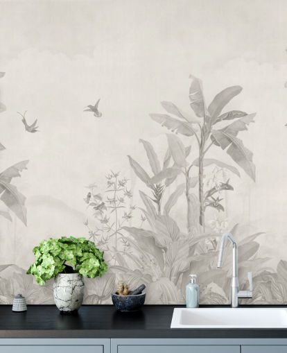 sepia anpassningsbar djungelväggmålning kallad Sepia Vintage Borneo Jungle av Bloomery Decor