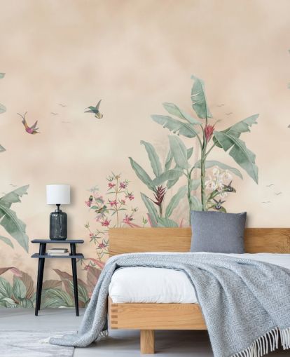 beige, grøn og lyserød brugerdefineret jungle-vægmaleri kaldet Vintage Borneo Jungle af Bloomery Decor