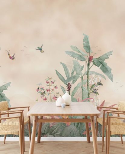 beige, green and pink custom jungle mural called Vintage Borneo Jungle by Bloomery Decor