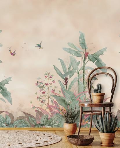 beige, groene en roze op maat gemaakte junglemuurschildering genaamd Vintage Borneo Jungle van Bloomery Decor beige, groene en roze op maat gemaakte junglemuurschildering genaamd Vintage Borneo Jungle van Bloomery Decor
