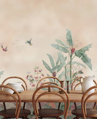 beige, grøn og lyserød brugerdefineret jungle-vægmaleri kaldet Vintage Borneo Jungle af Bloomery Decor