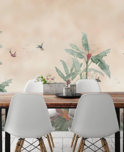 beige, green and pink custom jungle mural called Vintage Borneo Jungle by Bloomery Decor beige, green and pink custom jungle mural called Vintage Borneo Jungle by Bloomery Decor