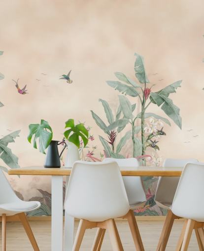 beige, green and pink custom jungle mural called Vintage Borneo Jungle by Bloomery Decor beige, green and pink custom jungle mural called Vintage Borneo Jungle by Bloomery Decor