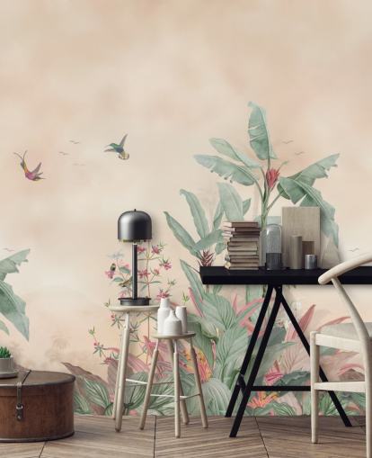 beige, grønt og rosa tilpasset jungelveggmaleri kalt Vintage Borneo Jungle av Bloomery Decor