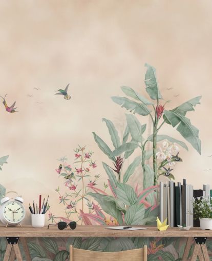 peinture murale personnalisée de la jungle beige, verte et rose appelée Vintage Borneo Jungle par Bloomery Decor