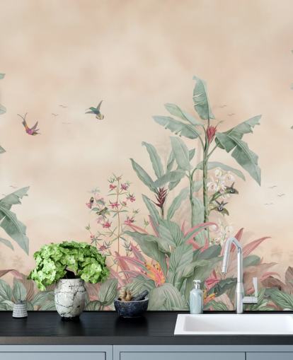 mural de jungla personalizado de color beige, verde y rosa llamado Vintage Borneo Jungle de Bloomery Decor mural de jungla personalizado de color beige, verde y rosa llamado Vintage Borneo Jungle de Bloomery Decor