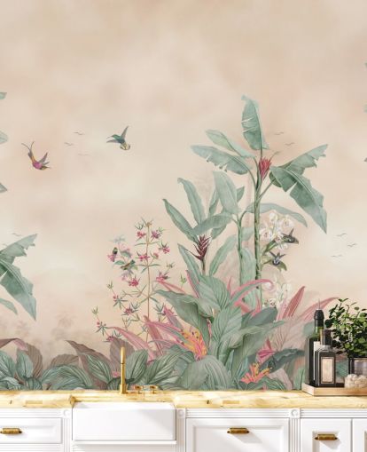 beige, green and pink custom jungle mural called Vintage Borneo Jungle by Bloomery Decor beige, green and pink custom jungle mural called Vintage Borneo Jungle by Bloomery Decor