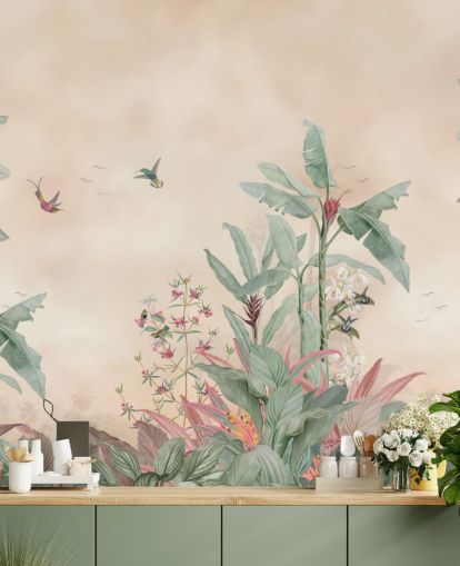 murale personalizzato beige, verde e rosa chiamato Vintage Borneo Jungle di Bloomery Decor