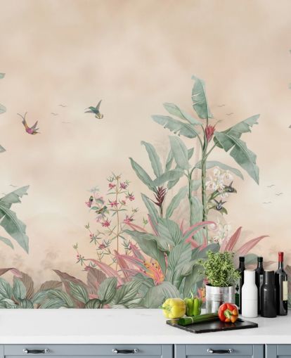 individuelles Dschungel-Wandbild in Beige, Grün und Rosa namens Vintage Borneo Jungle von Bloomery Decor