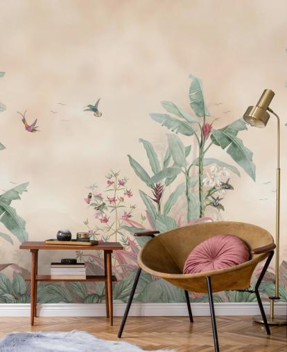peinture murale personnalisée de la jungle beige, verte et rose appelée Vintage Borneo Jungle par Bloomery Decor