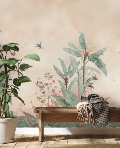 beige, grøn og lyserød brugerdefineret jungle-vægmaleri kaldet Vintage Borneo Jungle af Bloomery Decor