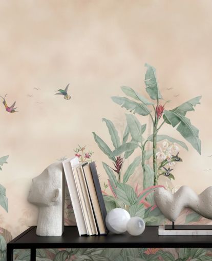 peinture murale personnalisée de la jungle beige, verte et rose appelée Vintage Borneo Jungle par Bloomery Decor peinture murale personnalisée de la jungle beige, verte et rose appelée Vintage Borneo Jungle par Bloomery Decor