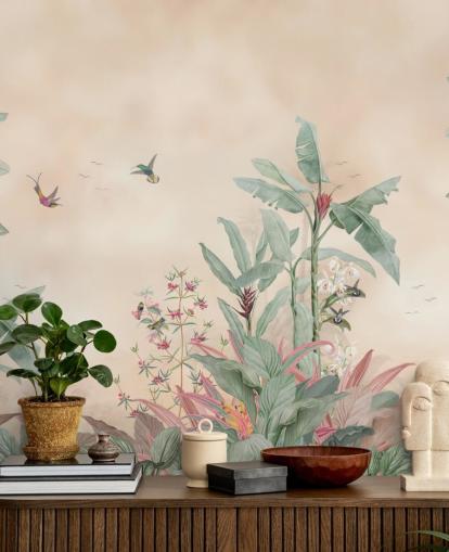 beige, green and pink custom jungle mural called Vintage Borneo Jungle by Bloomery Decor