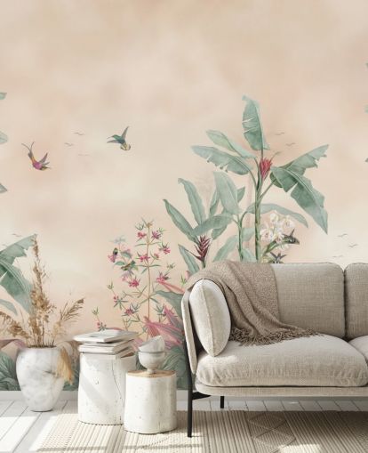 beige, green and pink custom jungle mural called Vintage Borneo Jungle by Bloomery Decor beige, green and pink custom jungle mural called Vintage Borneo Jungle by Bloomery Decor