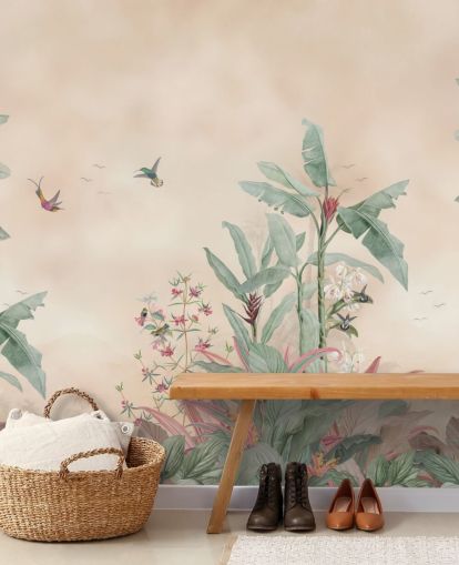 beige, grön och rosa anpassad djungelväggmålning som heter Vintage Borneo Jungle av Bloomery Decor