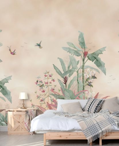beige, grønt og rosa tilpasset jungelveggmaleri kalt Vintage Borneo Jungle av Bloomery Decor beige, grønt og rosa tilpasset jungelveggmaleri kalt Vintage Borneo Jungle av Bloomery Decor