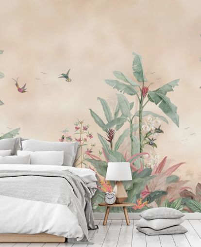 beige, grøn og lyserød brugerdefineret jungle-vægmaleri kaldet Vintage Borneo Jungle af Bloomery Decor