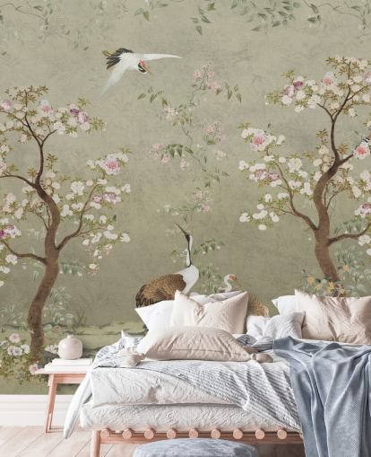 murale da parete in cineserie beige chiamato Beige Lingering Garden Chinoiserie by Bloomery Decor