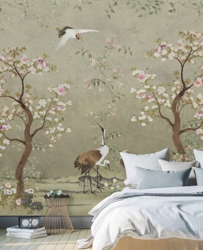 beige chinoiserie veggmaleri kalt Beige Lingering Garden Chinoiserie av Bloomery Decor