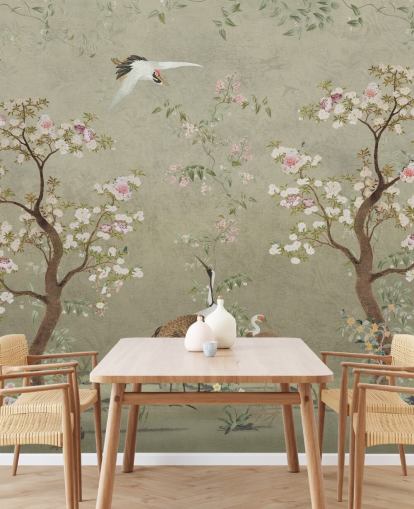 fresque murale en forme de chinoiserie beige appelée Beige Lingering Garden Chinoiserie par Bloomery Decor