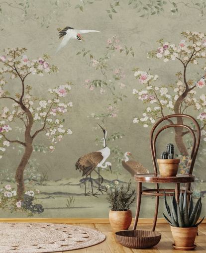 murale da parete in cineserie beige chiamato Beige Lingering Garden Chinoiserie by Bloomery Decor