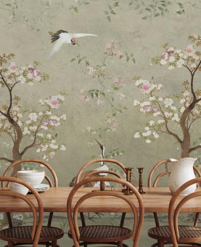 mural de pared de chinoiserie beige llamado Beige Lingering Garden Chinoiserie de Bloomery Decor