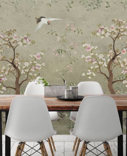 fresque murale en forme de chinoiserie beige appelée Beige Lingering Garden Chinoiserie par Bloomery Decor