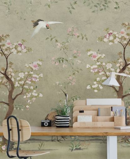 beige chinoiserie wall mural called Beige Lingering Garden Chinoiserie by Bloomery Decor