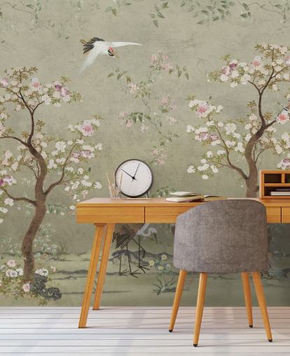 beige chinoiserie wall mural called Beige Lingering Garden Chinoiserie by Bloomery Decor