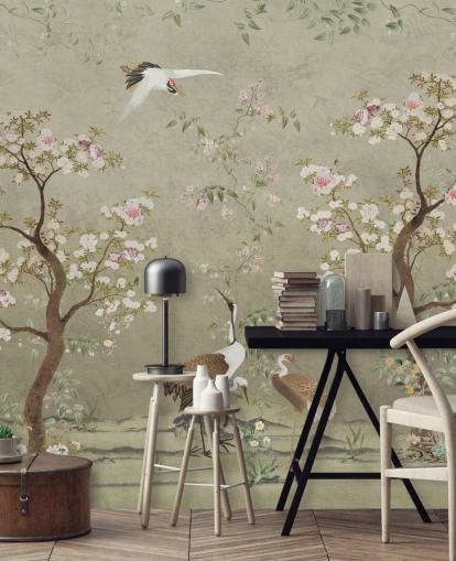 fresque murale en forme de chinoiserie beige appelée Beige Lingering Garden Chinoiserie par Bloomery Decor fresque murale en forme de chinoiserie beige appelée Beige Lingering Garden Chinoiserie par Bloomery Decor