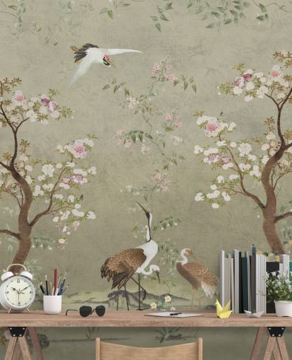 beige chinoiserie wall mural called Beige Lingering Garden Chinoiserie by Bloomery Decor