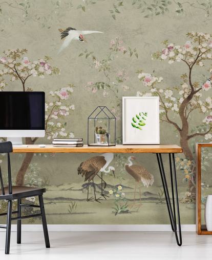 murale da parete in cineserie beige chiamato Beige Lingering Garden Chinoiserie by Bloomery Decor