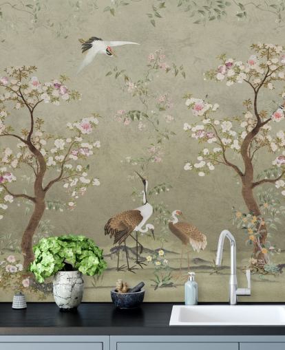 mural de pared de chinoiserie beige llamado Beige Lingering Garden Chinoiserie de Bloomery Decor