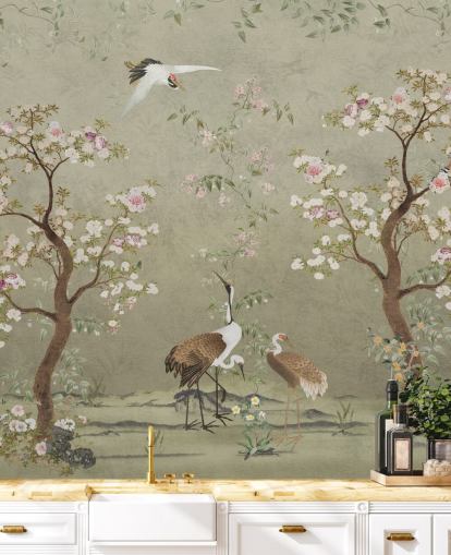 beige chinoiserie-seinämaalaus nimeltä Beige Lingering Garden Chinoiserie by Bloomery Decor