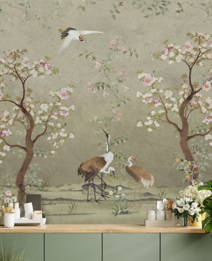beige chinoiserie muurschildering genaamd Beige Lingering Garden Chinoiserie van Bloomery Decor