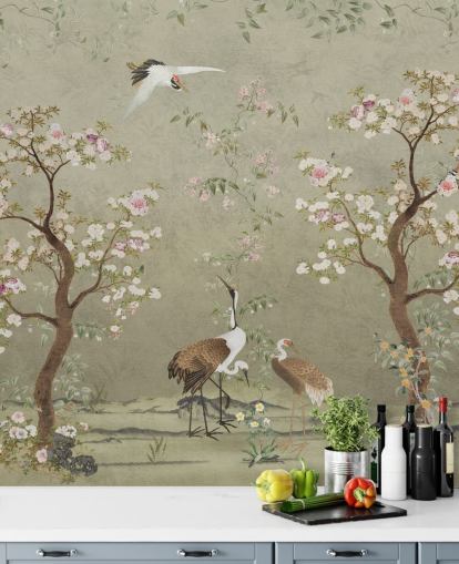 beige chinoiserie väggmålning som heter Beige Lingering Garden Chinoiserie av Bloomery Decor