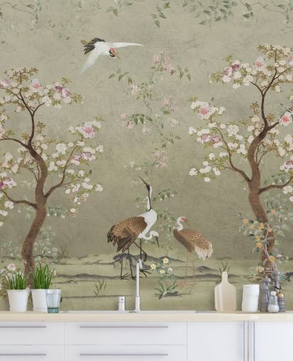 fresque murale en forme de chinoiserie beige appelée Beige Lingering Garden Chinoiserie par Bloomery Decor