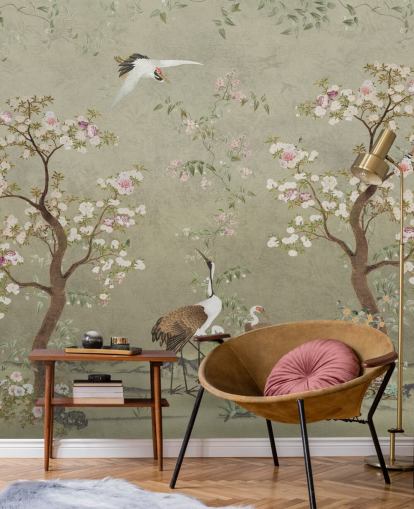 beige chinoiserie wall mural called Beige Lingering Garden Chinoiserie by Bloomery Decor