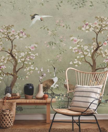 fresque murale en forme de chinoiserie beige appelée Beige Lingering Garden Chinoiserie par Bloomery Decor fresque murale en forme de chinoiserie beige appelée Beige Lingering Garden Chinoiserie par Bloomery Decor