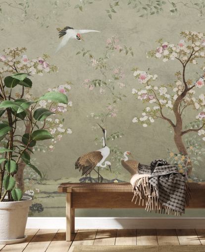 beige chinoiserie wall mural called Beige Lingering Garden Chinoiserie by Bloomery Decor beige chinoiserie wall mural called Beige Lingering Garden Chinoiserie by Bloomery Decor