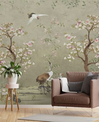 beige chinoiserie väggmålning som heter Beige Lingering Garden Chinoiserie av Bloomery Decor