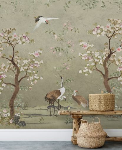 beige chinoiserie vægmaleri kaldet Beige Lingering Garden Chinoiserie af Bloomery Decor