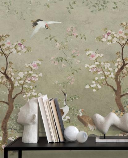 beige chinoiserie wall mural called Beige Lingering Garden Chinoiserie by Bloomery Decor