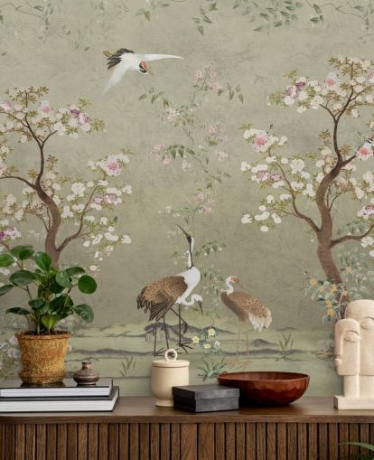 mural de pared de chinoiserie beige llamado Beige Lingering Garden Chinoiserie de Bloomery Decor