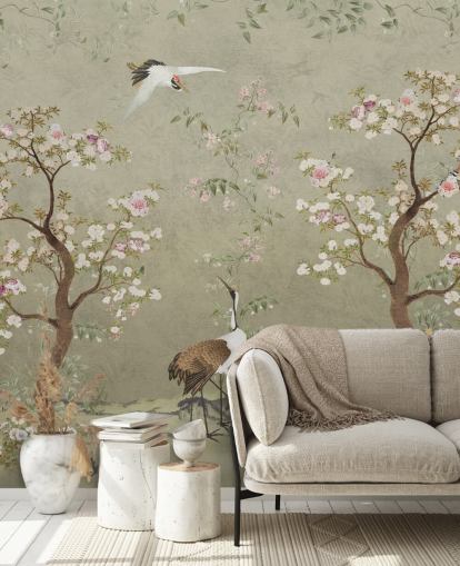 beige chinoiserie muurschildering genaamd Beige Lingering Garden Chinoiserie van Bloomery Decor