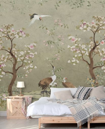 beige chinoiserie muurschildering genaamd Beige Lingering Garden Chinoiserie van Bloomery Decor