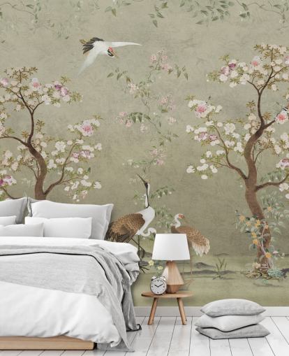 beige chinoiserie wall mural called Beige Lingering Garden Chinoiserie by Bloomery Decor beige chinoiserie wall mural called Beige Lingering Garden Chinoiserie by Bloomery Decor